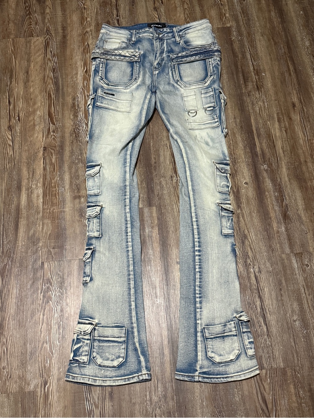 Guapi Tactical Stacked Cargo Jeans Men's 32 Tall High Rise Light Wash Slim Bootc
